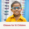  A little boy wearing blue glasses and a yellow tshirt with the caption saying ' Glasses for 10 children'
